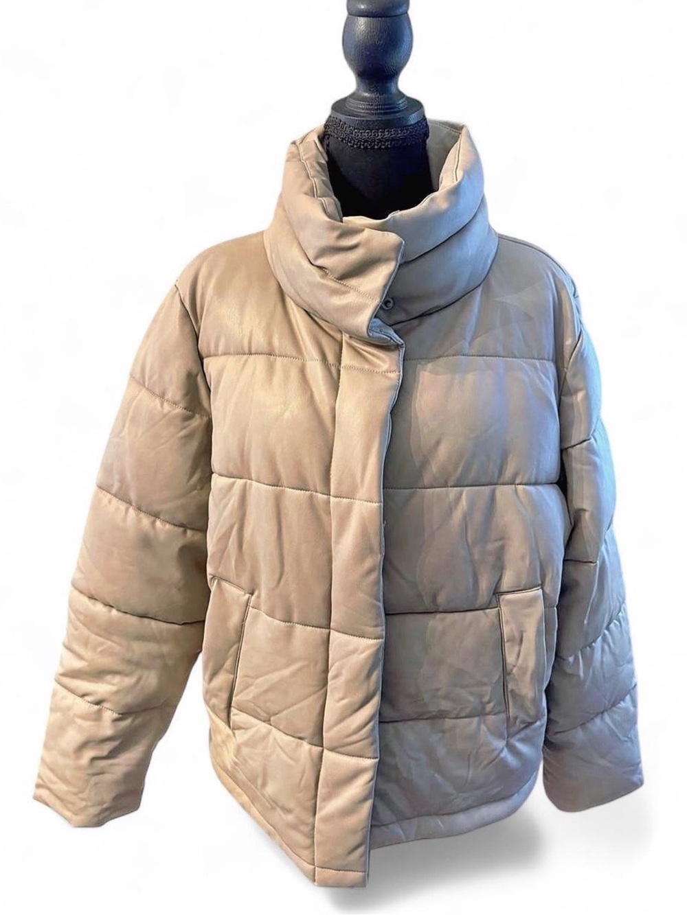 7 For All Mankind Beige Quilted Puffer Jacket with High Collar